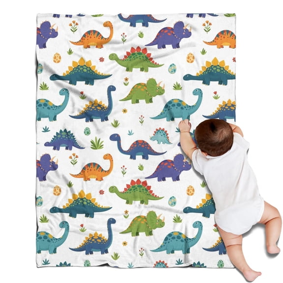 White Dinosaurs Flowers Eggs Pattern Blanket,Comfortable Soft Lamb Wool Throw Blanket,All Season,Warm Lightweight Blankets for Sofa Bed Couch Living Room Chair,30"x40"