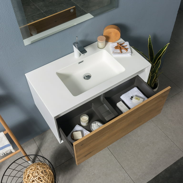 SSLine Wall Mounted Bathroom Vanity with Sink Modern 30 Floating Bathroom  Vanity with White Ceramic Sink & 2 Doors Cabinet Imitative Oak Wood