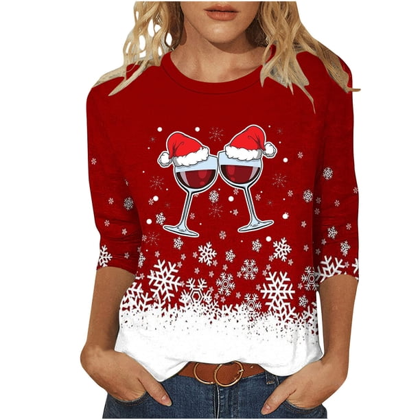 Camisetas de Navidad para Mujeres, 3/4 Manga Cuello Redondo Blusa con Estampado de Vacaciones, Top de Moda Casual