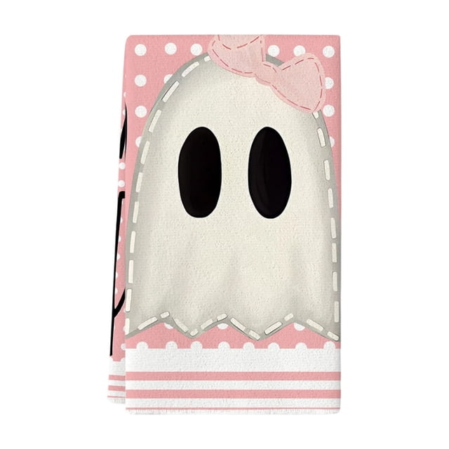 A Halloween Ghost Hand Towel With Bow, Absorbent Kitchen Dish Cloth For Home Restaurant Decor, Polyester Fiber Towel, 15.8 X 23.6 Inches, 0.143 Lbs