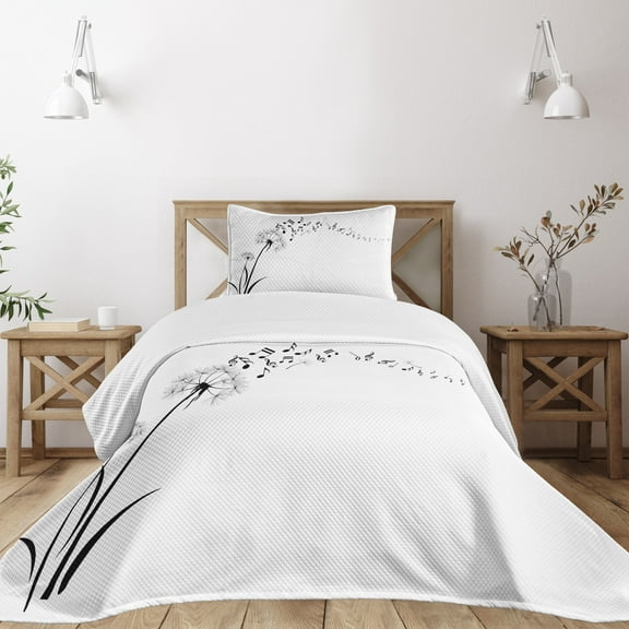 Ambesonne Music Quilted Bedspread Set 2 Pcs, Meadow Dandelions Floral, Twin Size, Black White