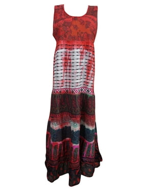 Mogul Women's Long Dress Red Cotton Printed Tie Back Sleeveless Sundress Dresses