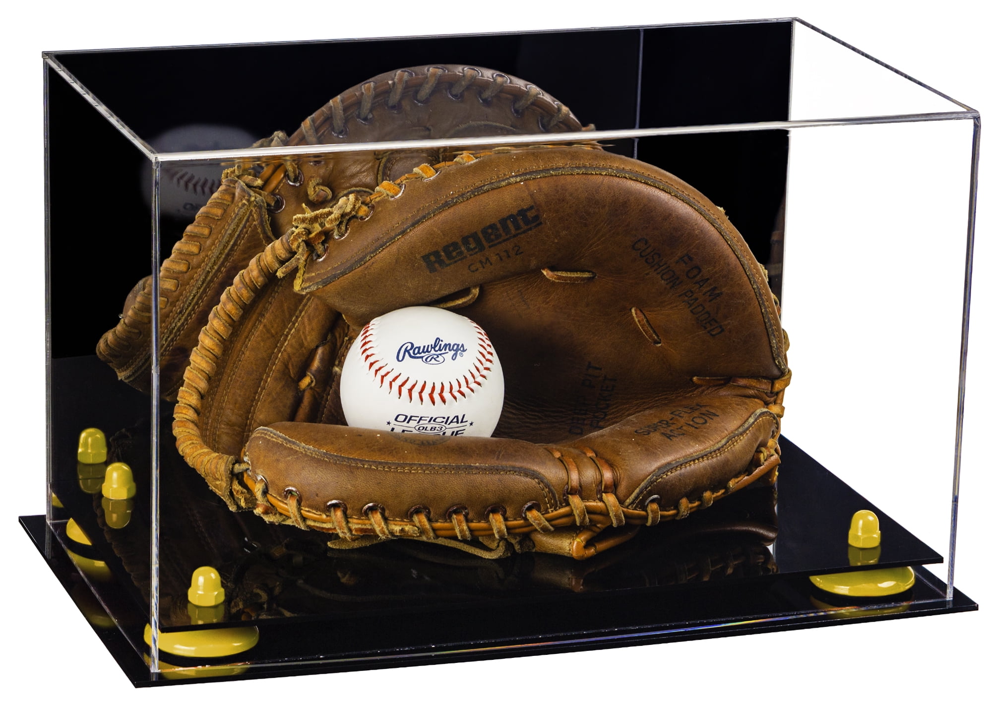 Acrylic Baseball Catchers Glove Display Case with Mirror and Yellow