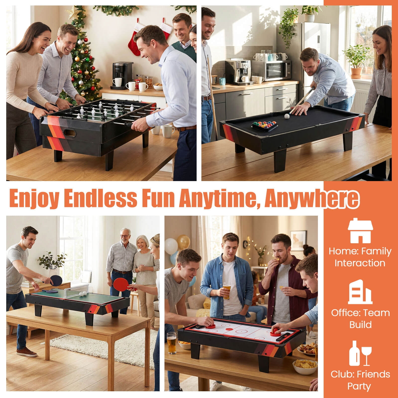Costway 4 in 1 Multi Game Table with Stackable Tabletops of Billiards, Air Hockey, Foosball Black