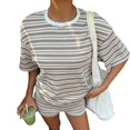 thumbnail image 2 of Womens Geometric Stripe Short Sleeve T-Shirt and Shorts Loungewear Set Khaki L, 2 of 8