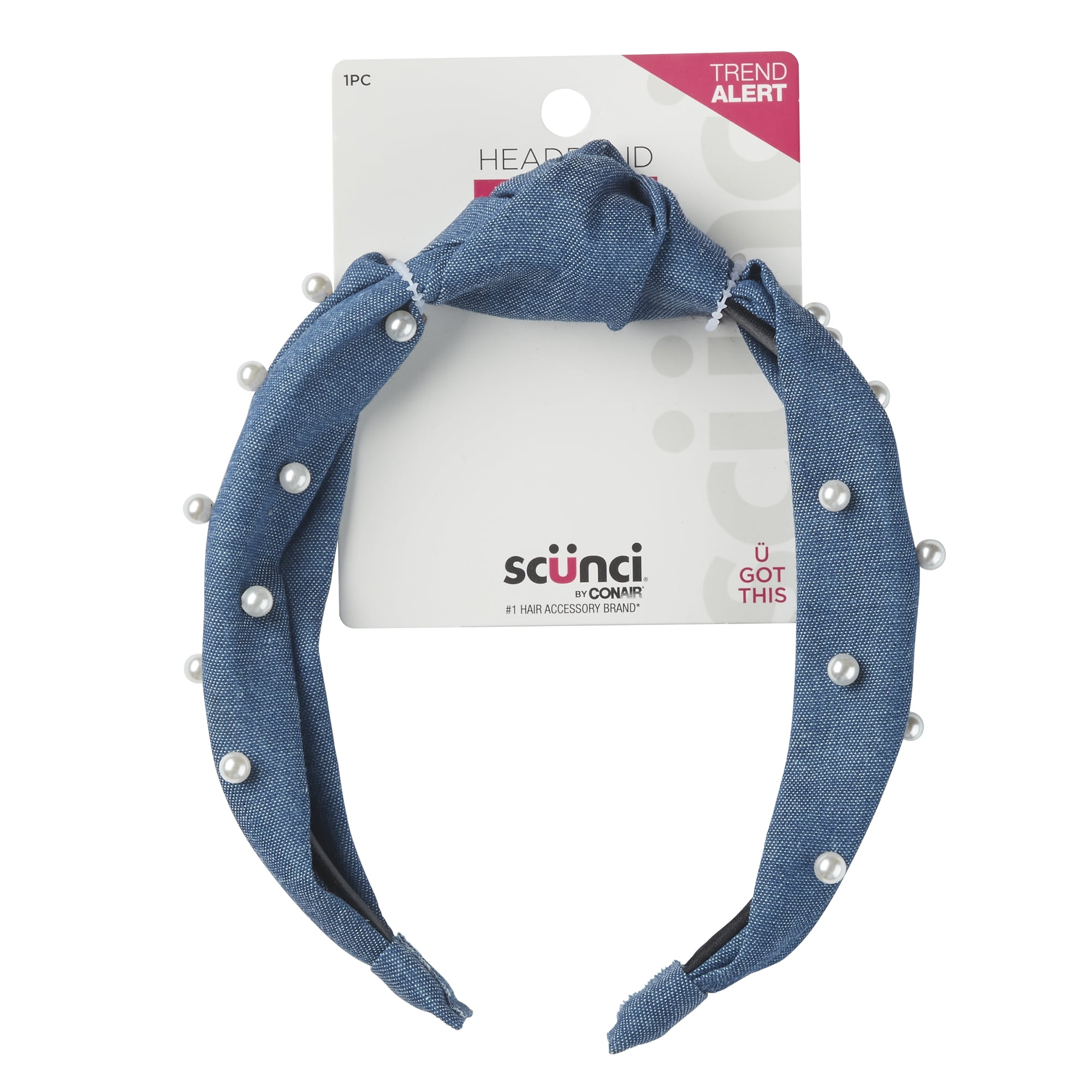 Scunci Denim Knotted Headband with Pearl Detail, Blue