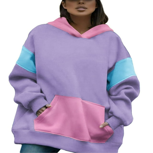 Femmes Sweat-Shirts à Capuche Contraste Couleur Décontracté Lâches à Manches Longues Pulls avec Poches