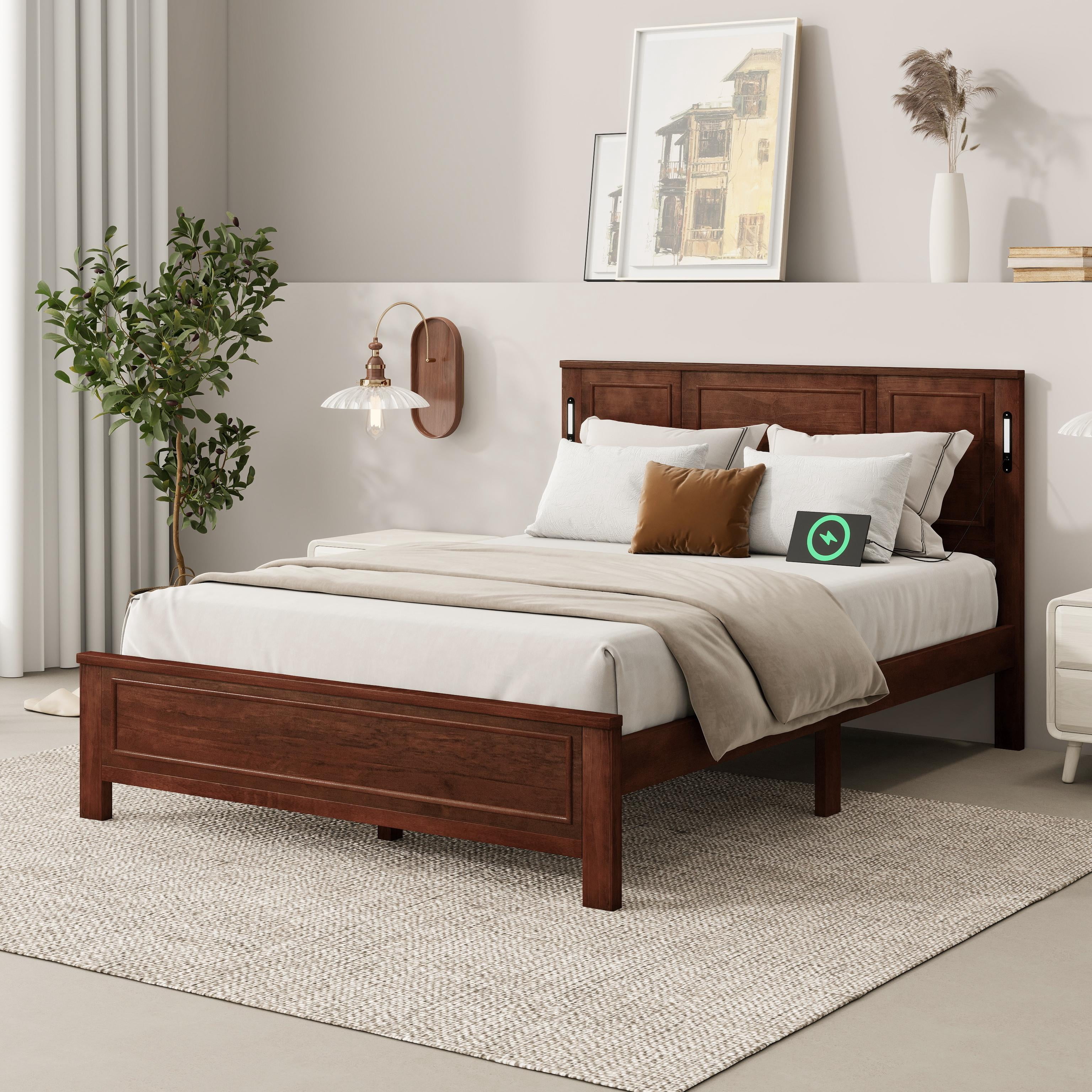 PORKISS Queen Size Platform Bed Frame with LED Lights, USB Charging Station, Solid Wood Queen Bed Frame with Headboard, Wooden Slat Support for Bedroom, Walnut