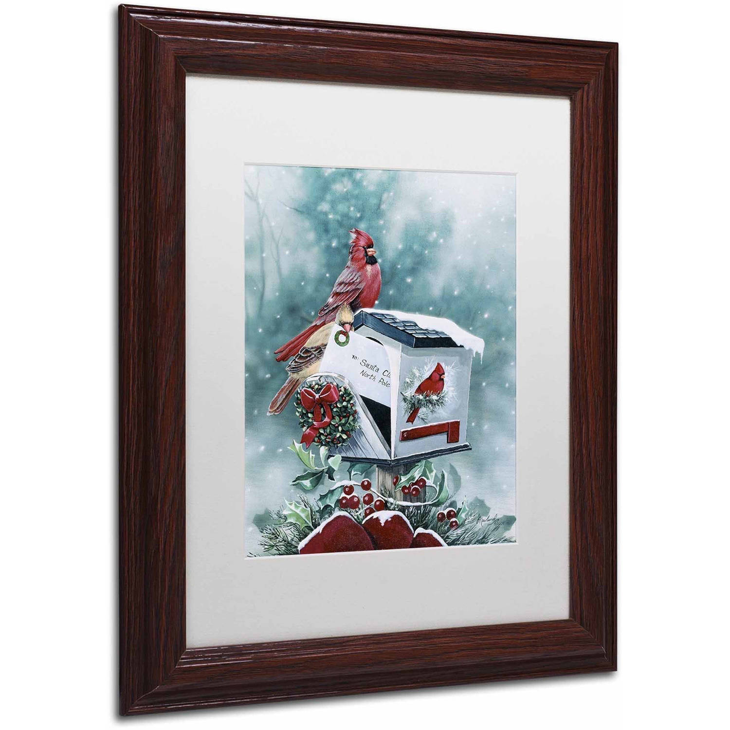 Trademark Fine Art 'Christmas Cardinals' Canvas Art by Jenny Newland, White Matte, Wood Frame