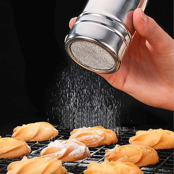 1 unidad de plumeros tipo tubo de malla de acero inoxidable plateado, salero, tarro de especias, sal, azúcar, pimienta, caja, glaseado de cacao en polvo,Plata
