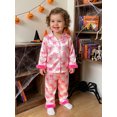 thumbnail image 6 of RUINIXCW Toddler Baby Girl Halloween Silk Stain Pajamas Set Kids Fall Sleepwear Ghost Pumpkin Fur Cuffs Long Sleeve Button Down Shirt and Pants Set Homewear Loungewear 1-6 Years, 6 of 9