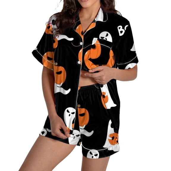 Halloween Pajamas Halloween Satin Print Button Short Sleeve Pajamas for Women Set