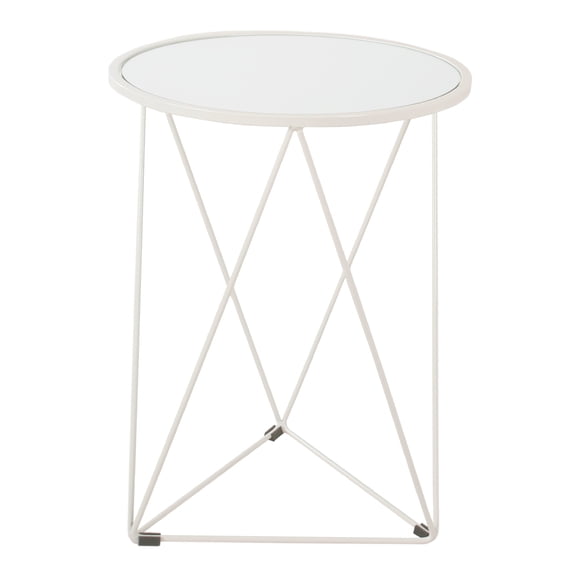 Accent Table, 18 Inch, Round Mirror Top and Open White Metal Base