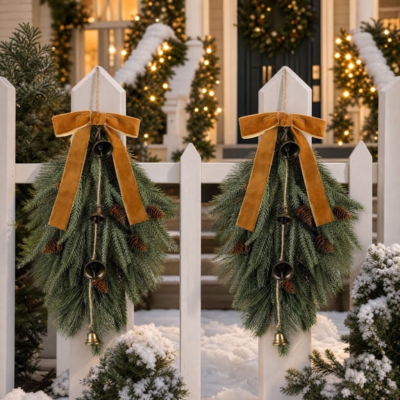 ShaoXinWan Christmas Norfolk Fir Hanging Set of 2 19.7in, Christmas Decorations Indoor Outdoor, Bells Velvet Bows Foliage for Door Fireplace Porch