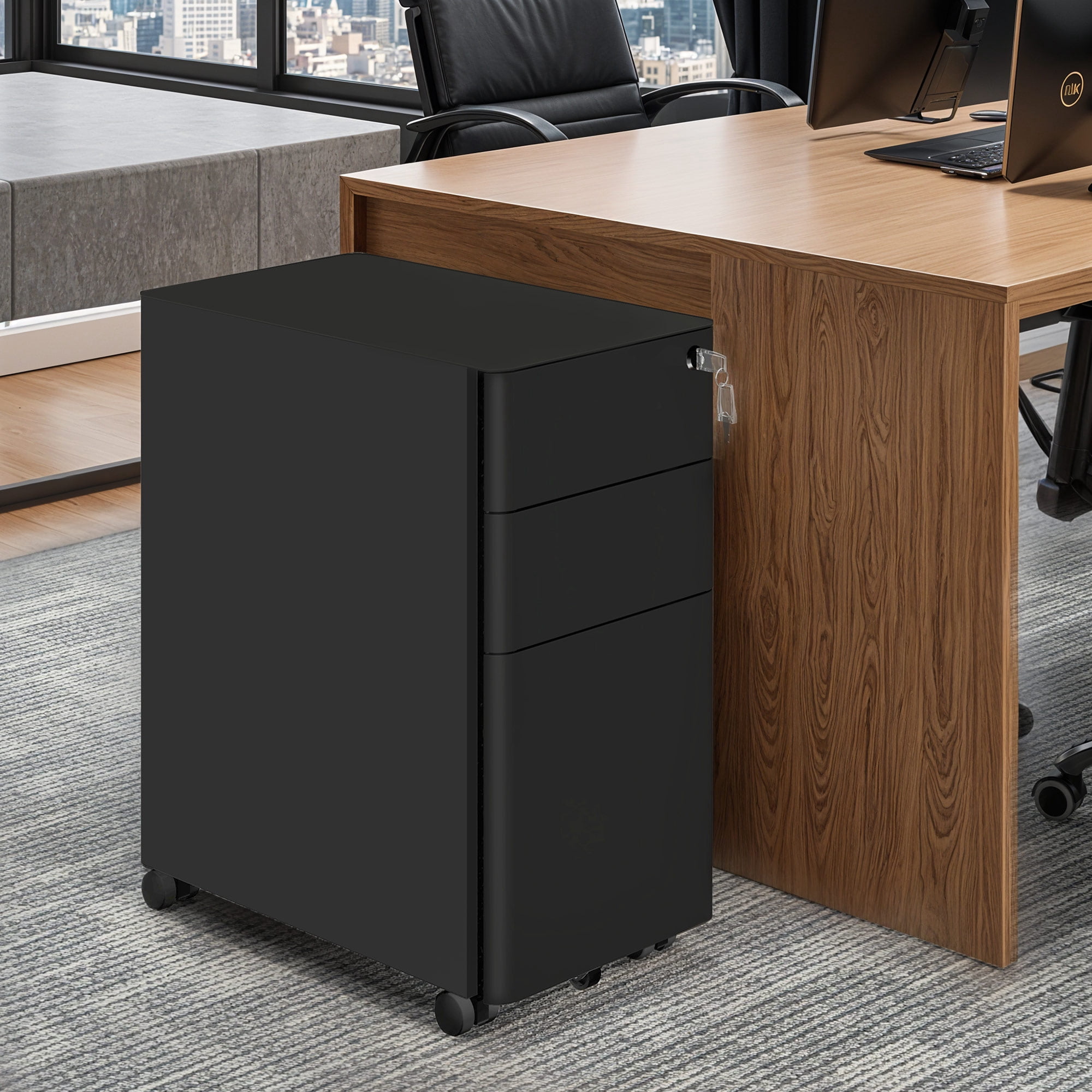 Wooflex Slim 3-Drawer Lockable File Cabinet for Home and Office – Mobile Steel Storage with Anti-Tipping Design, Caster Wheels, Durable Black Finish, Compact Document Organizer