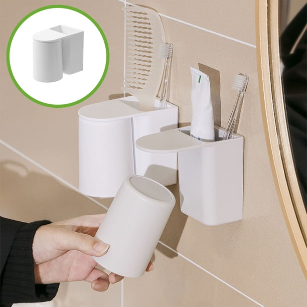 Juego de portavasos de enjuague bucal magnético Soporte para cepillos de dientes montado en la pared | Estante de almacenamiento de baño sin taladro | Diseño que ahorra espacio | Plástico | 1 Pieza