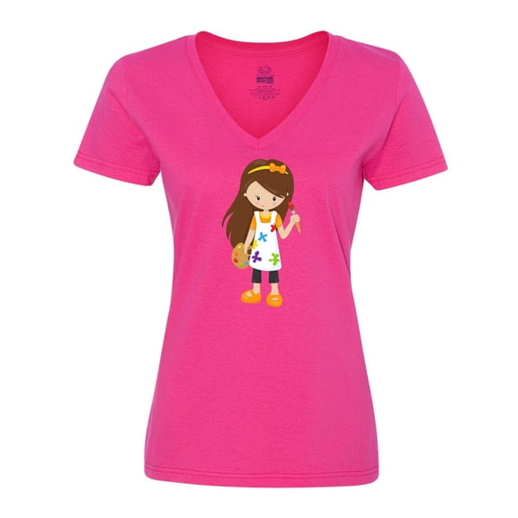 Inktastic Cute Girl, Brown Hair, Painter, Paint Artist Women's V-Neck T-Shirt