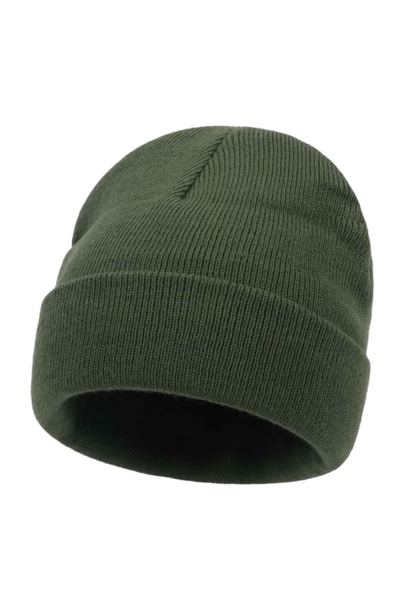 Women's Army Green Cuffed Beanie - Nylon Spandex Blend, Warm Stretchy Free Size, Everyday Winter Headwear for Cold Weather