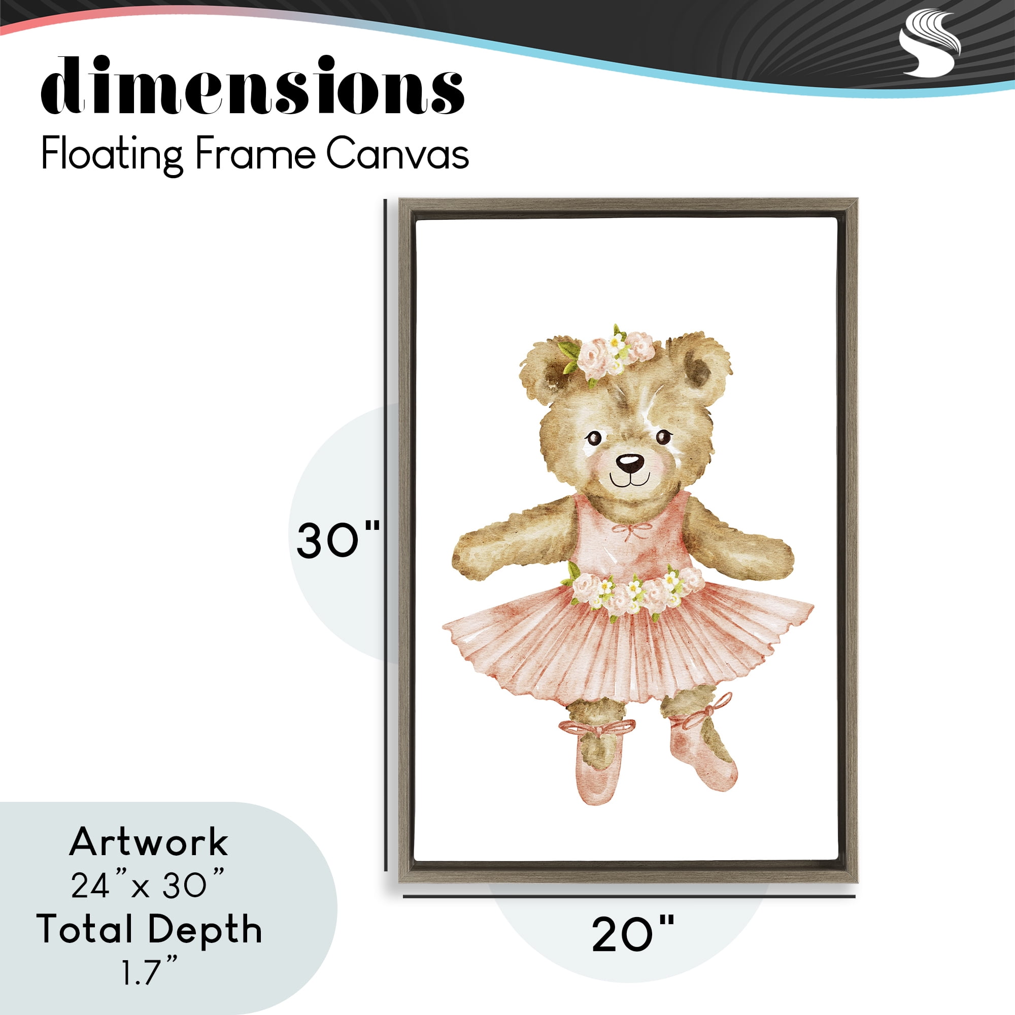 Floral Ballerina Teddy Bear Brown Framed Floater Canvas Wall Art, design by Amy Hall