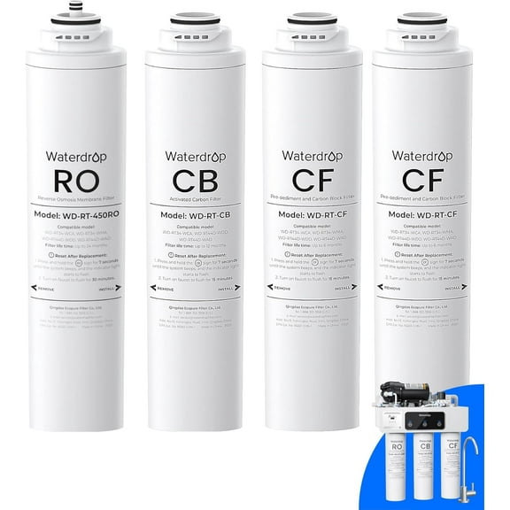 Waterdrop 𝐖𝐃-𝐓𝟑-𝐑𝐂𝐎 Replacement Filter, Pack of 1 RO & 2 CF & 1 CB Filter, Replacement for 𝐖𝐃-𝐓𝟑-𝐂 Tankless Reverse Osmosis Water Filter (𝟐*𝐂𝐅   𝟏*𝐂𝐁   𝟏*𝐑𝐎)