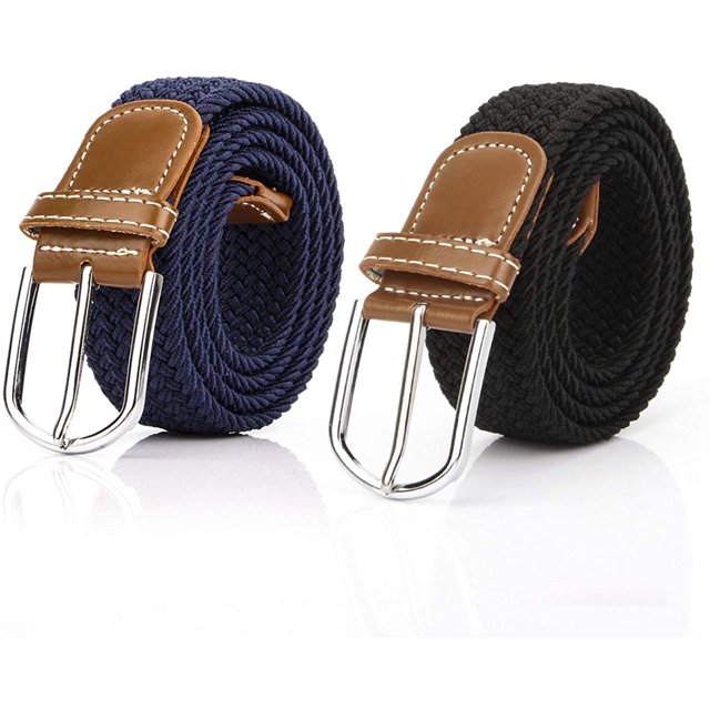 Pack de 2 cinturones elásticos tejidos para mujer azul + cinturón elástico negro para hombre para pantalones vaqueros