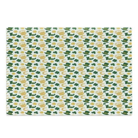 Irish Cutting Board, Happy St. Patrick's Day Concept Pattern with Traditional Holiday, Decorative Tempered Glass Cutting and Serving Board, Large Size, Green Yellow White, by Ambesonne