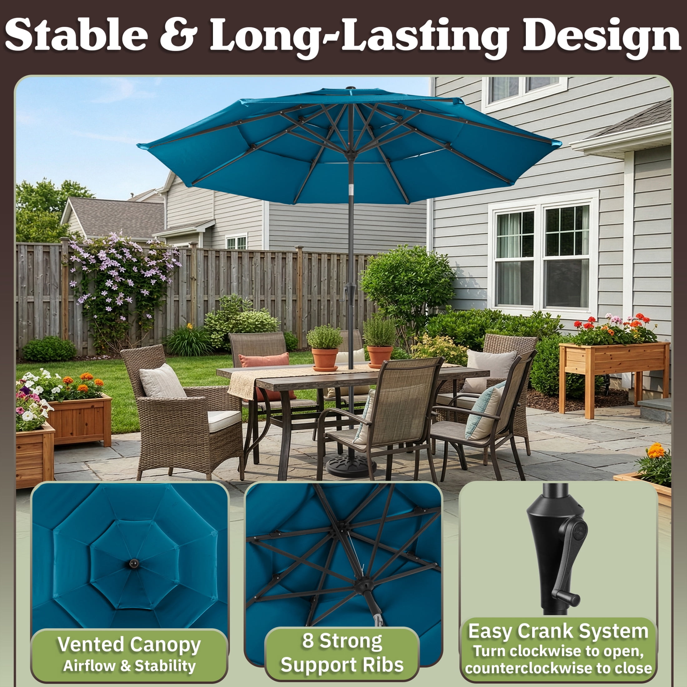 Pure Garden 10ft 3-Tier Umbrella for Patio Shade Canopy with 19lb Base, Turquoise Green