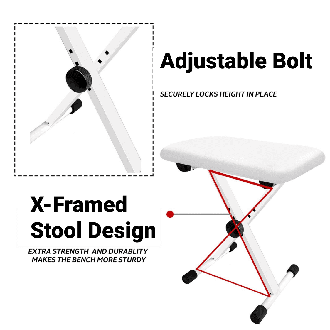 Adjustable Piano Bench, X Frame Folding Keyboard Chair Stool with 3 Height Settings (16-20 Inch),Suitable for Electronic Keyboard and Digital Piano,White