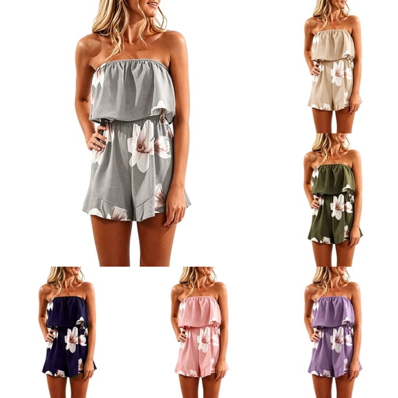 Shadoumai Women's Rompers Summer Strapless Floral Print Off Shoulder Boho Flowy Ruffle Hem Shorts Jumpsuit with Pocket