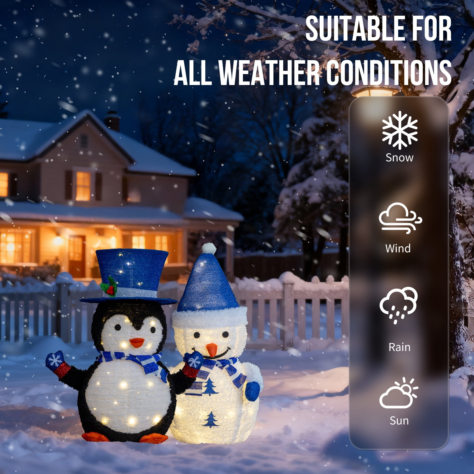 Astoutdoor Set of 2 Lighted Plush Penguin and Snowman Christmas Decorations, Pre-lit Pull Up Holiday Decor with 100 Warm White LED Lights