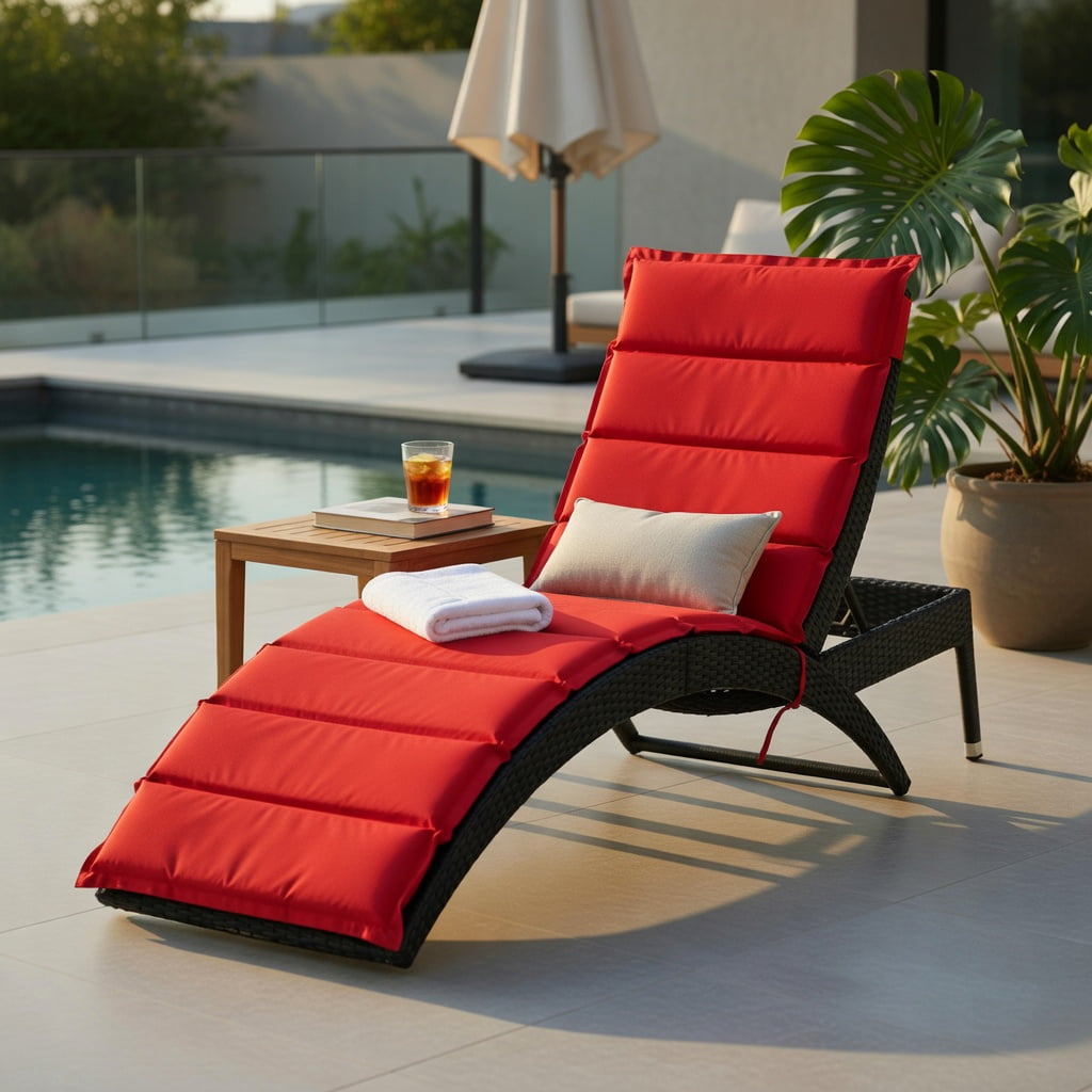 Hommoo Foldable Outdoor Rattan Lounge Chair with Thick Cushion, PE Wicker Chaise for Patio, Poolside & Garden, Red