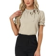 thumbnail image 1 of BLUSAS de Trabajo para Mujeres INSPIRE CHIC de Verano Color Sólido con Cuello de Lazo y Mangas Cortas Color Caqui Claro M, 1 of 6
