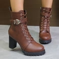 thumbnail image 2 of Brown Females Everyday Cool Belt Detail High Heel Thick Sole Large Measurements Cold Season Season Cozy Sturdy Heel Short Boots For Outdoor Activities, 2 of 7