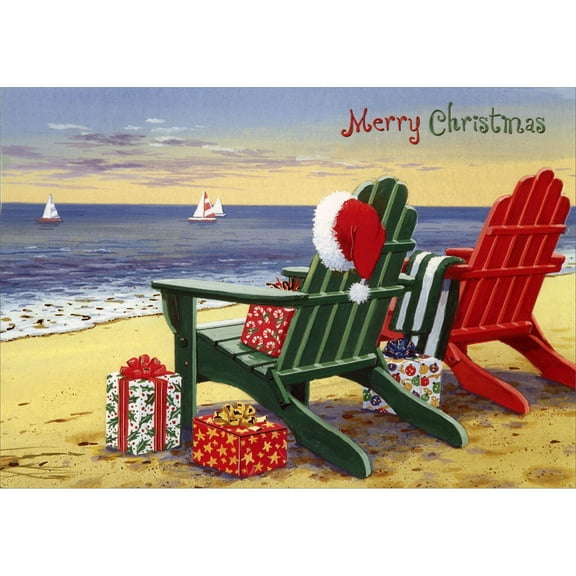 Red Farm Studios Red and Green Adirondack Chairs on Beach Box of 15 Coastal Christmas Cards