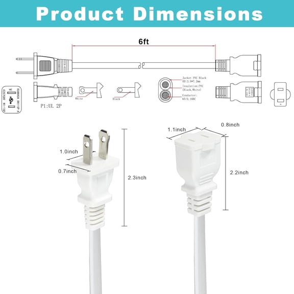 JUNCHI-6FT Polarized 2Prong Extension Cord - White Replacement US AC Two Prong Male to Female Short Low Profile Flat Appliance Extension Cord, NEMA 1-15P to 1-15R Cable for Outlet Saver, Christmas L