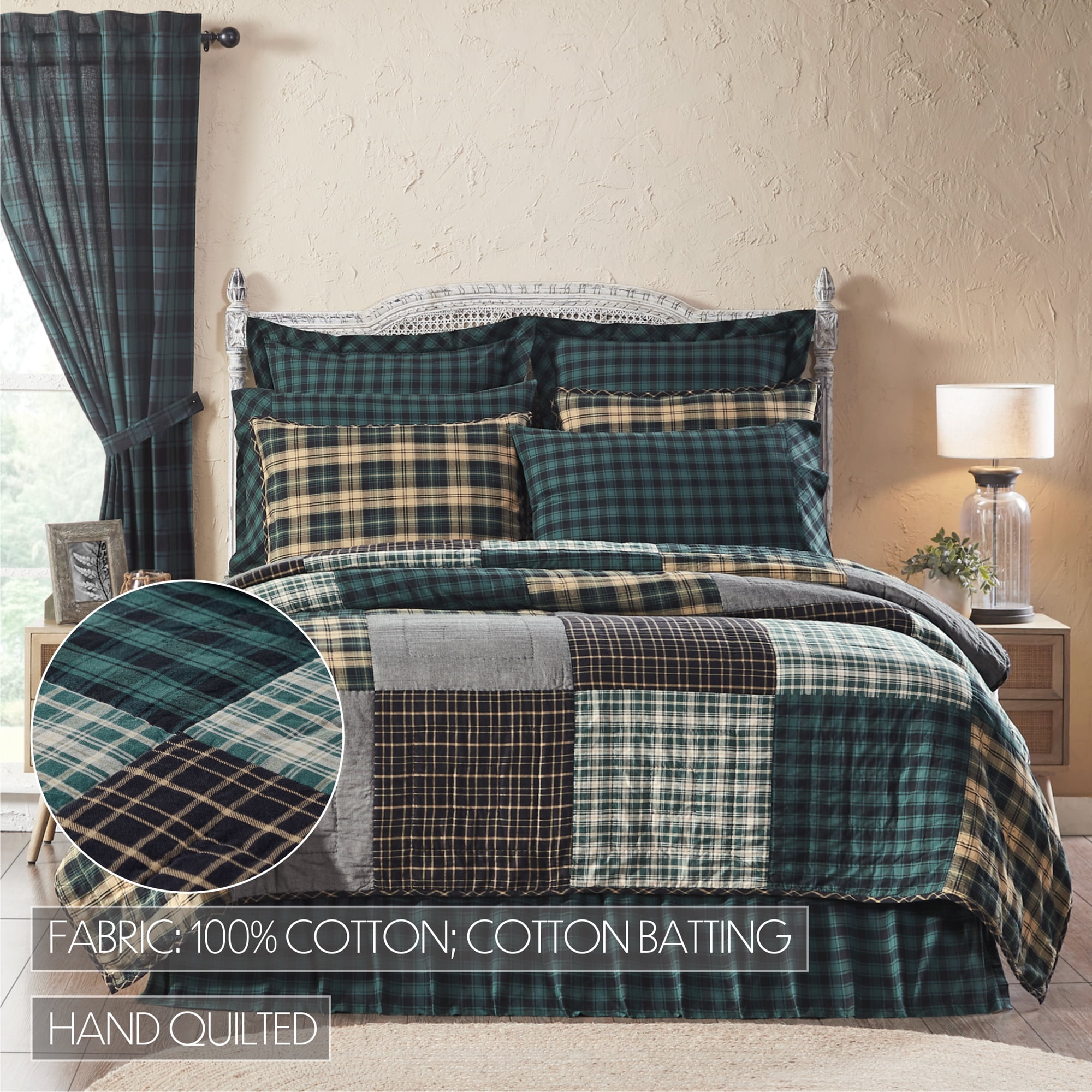 VHC Brands, Pine Grove Patchwork King Quilt, Green, 105x95