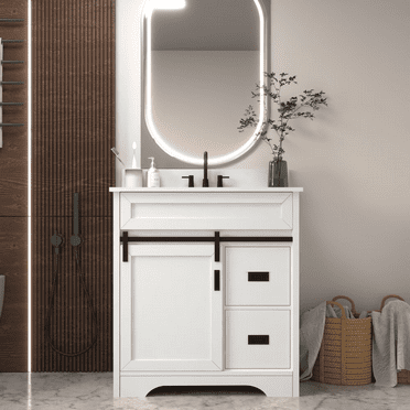 30" Bathroom Vanity with Single Sink Combo, Farmhouse Undermount Bathroom Sink Cabinet with Sliding Barn Doors and 2 Drawers, Freestanding Bathroom Vanities,White