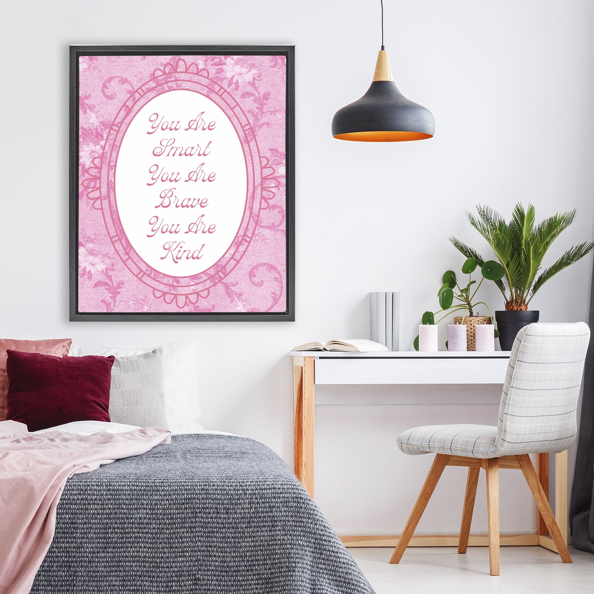 Stupell Industries Smart Brave & Kind Ornate Pink Black Framed Floater Canvas Wall Art, design by Lil' Rue