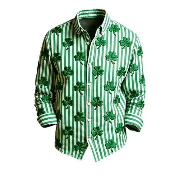 IWRICH St. Patrick's Day Shirt for Men Green Clover Printed Tees Long Sleeve Holiday Tops Button down Shirts 07-Green XL