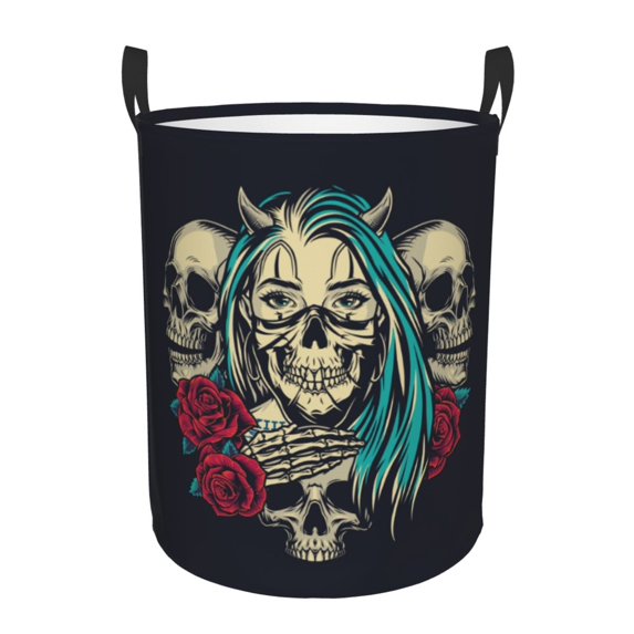 DouZhe Waterproof Collapsible Large Laundry Baskets, Vintage Skull Flower Rose Prints Circular Hamper with Handles