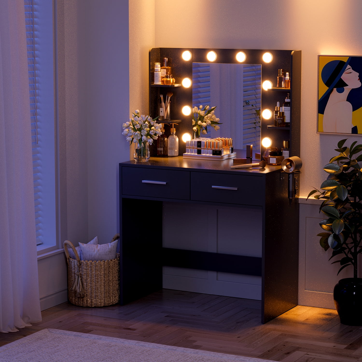 Vineego Makeup Vanity Desk with Lighted Mirror & Power Outlet, Makeup Vanity with 2 Drawers,Black