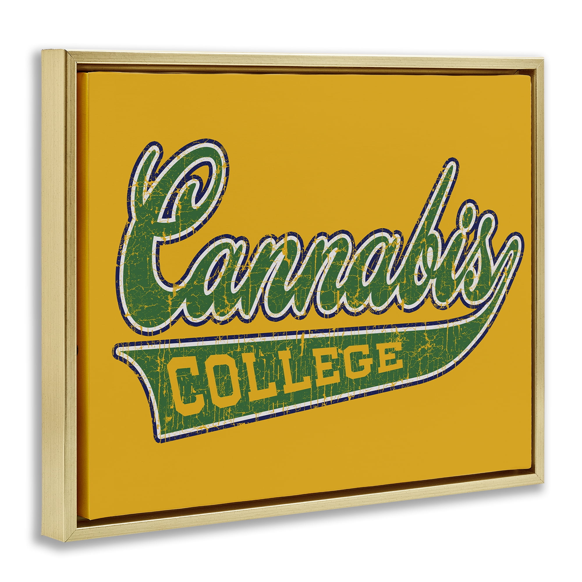 Stupell Industries Cannabis College Varsity Novelty & Humor Painting Gold Floater Framed Canvas Art Print Wall Art, 21 x 17
