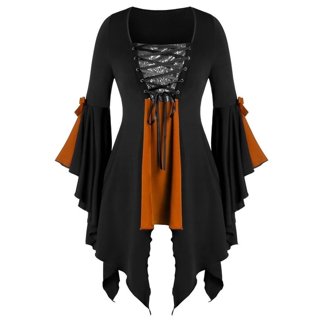 Gibobby Vestidos para mujer Tops de manga larga de encaje de talla gótica para mujer, túnica, blusa con lentejuelas, camisetas de talla grande(Anaranjado, XL)