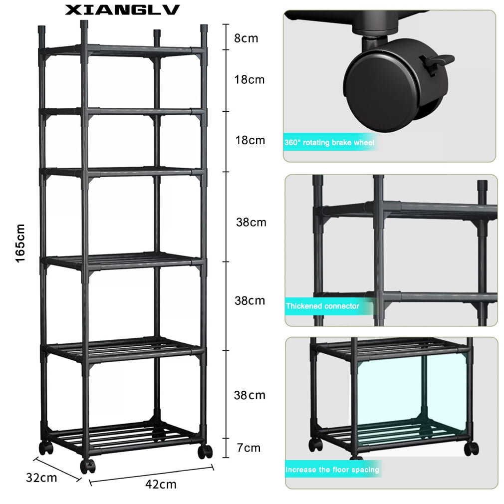 Black Shelving Unit, 42x 32 x 165 cm, 6 Tier Tall Narrow Shelving Unit with Wheels and Anti-Slip Feet, Adjustable Shelving (Black)