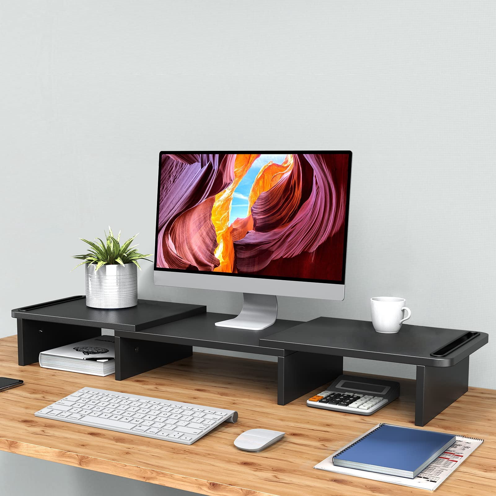 Dual Monitor Stand Riser  With Adjustable Length And Angle Wood For Desk 2 Monitors Storage Space