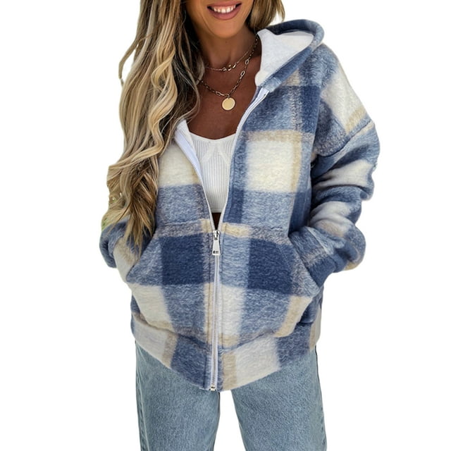 Veste à Capuche Décontractée pour Femmes à Manches Longues avec Fermeture Éclair, Imprimé à Carreaux, Poches, Chandail en Molleton d'Automne