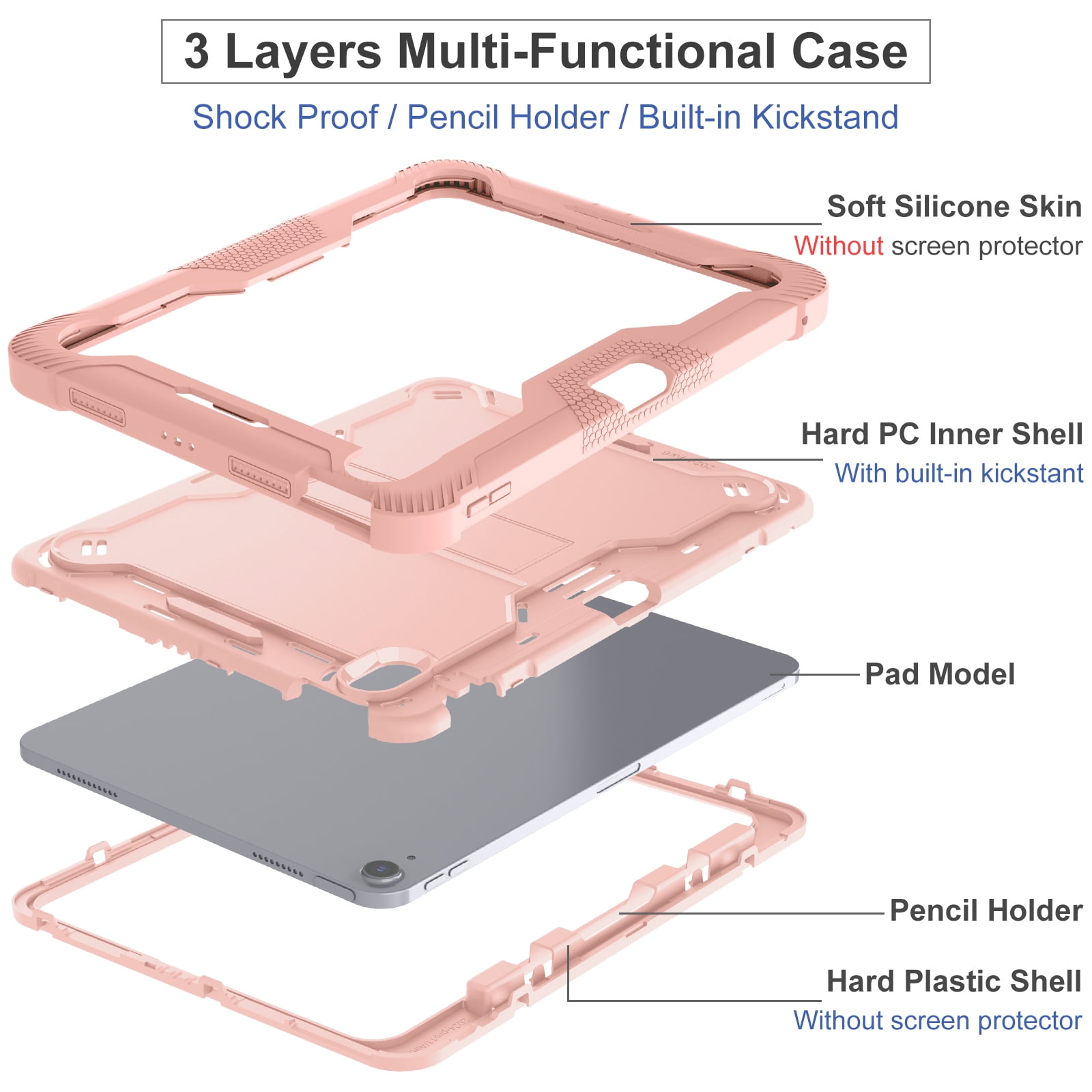 Allytechgroup Rugged Case for Apple iPad Air 11 M4 M3 M2 2026 2025 2024, Dual-Layers Kickstand Anti-Scratch Bumper With Pencil Holder Lightweight Kids Friendly Case Cover for iPad Air 11", Rosegold