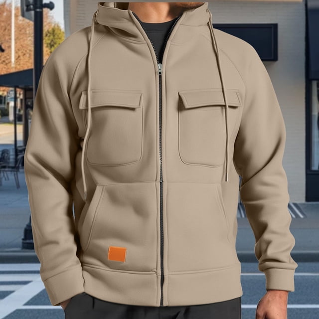 pstuiky camisa de manga larga para hombre, Blusa/camiseta informal de manga larga con capucha y bolsillo con cremallera para hombre, color liso top de hombre m