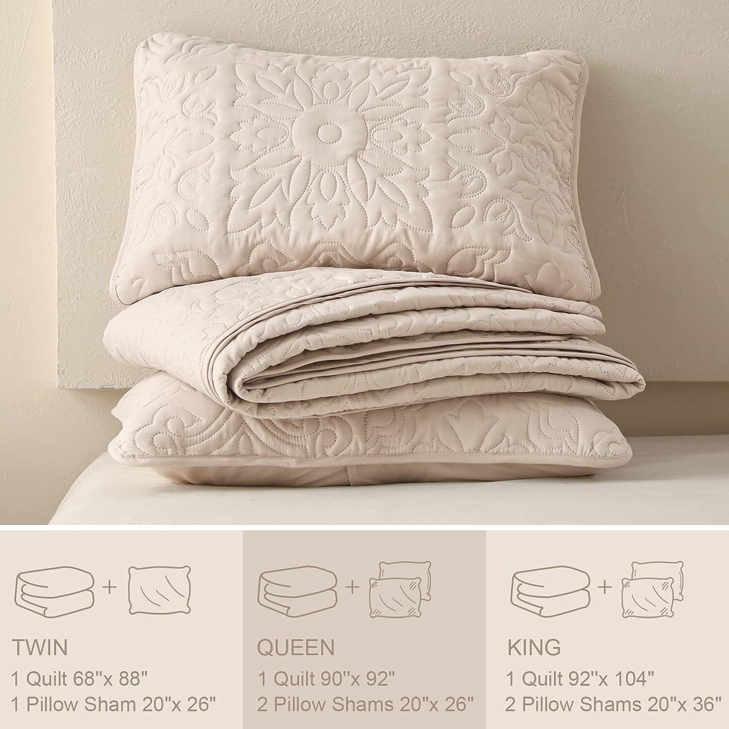 Whale Flotilla 3-Piece King Quilt Set, Soft Embossed Bedding Set, Lightweight Bedspread Coverlet with Damask Vintage Pattern, Reversible Bed Cover for All Seasons, Brich Beige