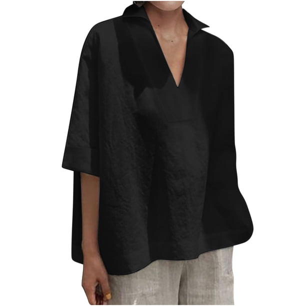 Blusa suelta de algodón con cuello en V y solapa de manga corta a la moda de verano para mujer OAVQHLG3B Store lin121212